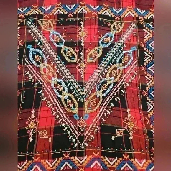 Zara Womens Red And Black Plaid Embroidered And Embellished Long Sleeve Top L - Picture 11 of 14